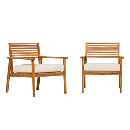 Modern 2 Piece Slat Back Solid Acacia Wood Patio Club Chair Set - Brown