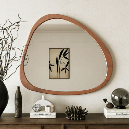 Asymmetrical Wall Mirror Wooden Framed Mirror Large Sized Dressing Mirror, For Living Room, Bedroom, Bathroom, Hallway Or Entry Way - Natural Wood