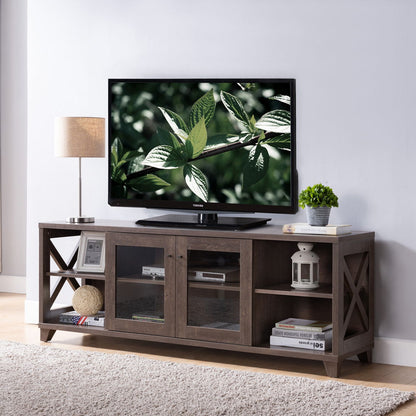 Craftsman Style TV Stand With Crosshatch Carvings Innovative Storage With Four Side Shelves & Glass Door Cabinet - Walnut Brown