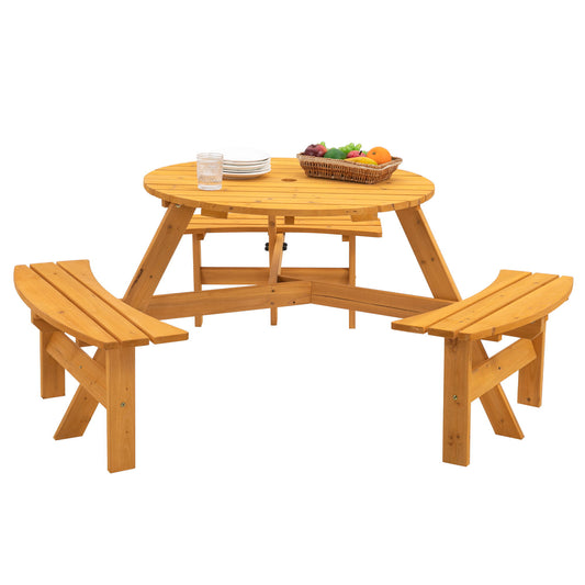 6 Person Circular Outdoor Wooden Picnic Table For Patio, Backyard, Garden, Diy With 3 Built-In Benches, 1720Lb Capacity