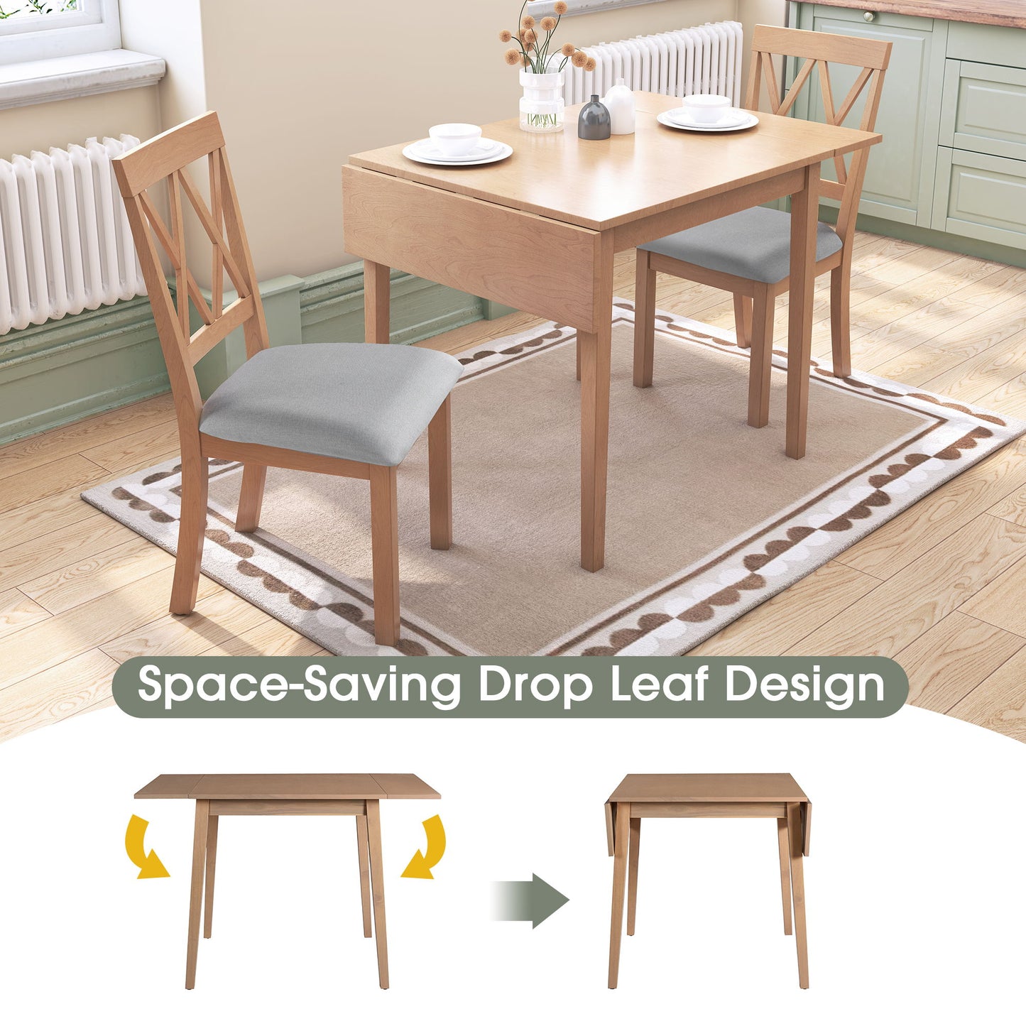 3 Piece Kitchen Dining Set With Drop Leaf Dining Table And 2 Dining Upholstered Chairs, Dining Room Set For Small Places