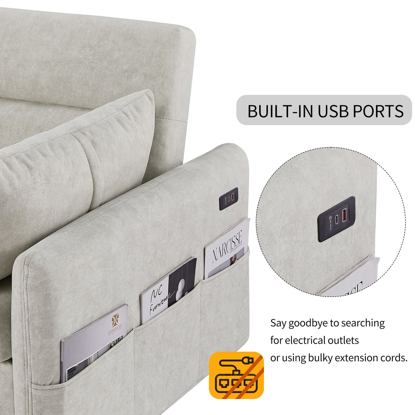 Pull Out Sleep Sofa Bed Loveseats Sofa Couch With Adjsutable Backrest, Storage Pockets, 2 Soft Pillows, USB Ports For Living Room, Bedroom, Apartment, Office