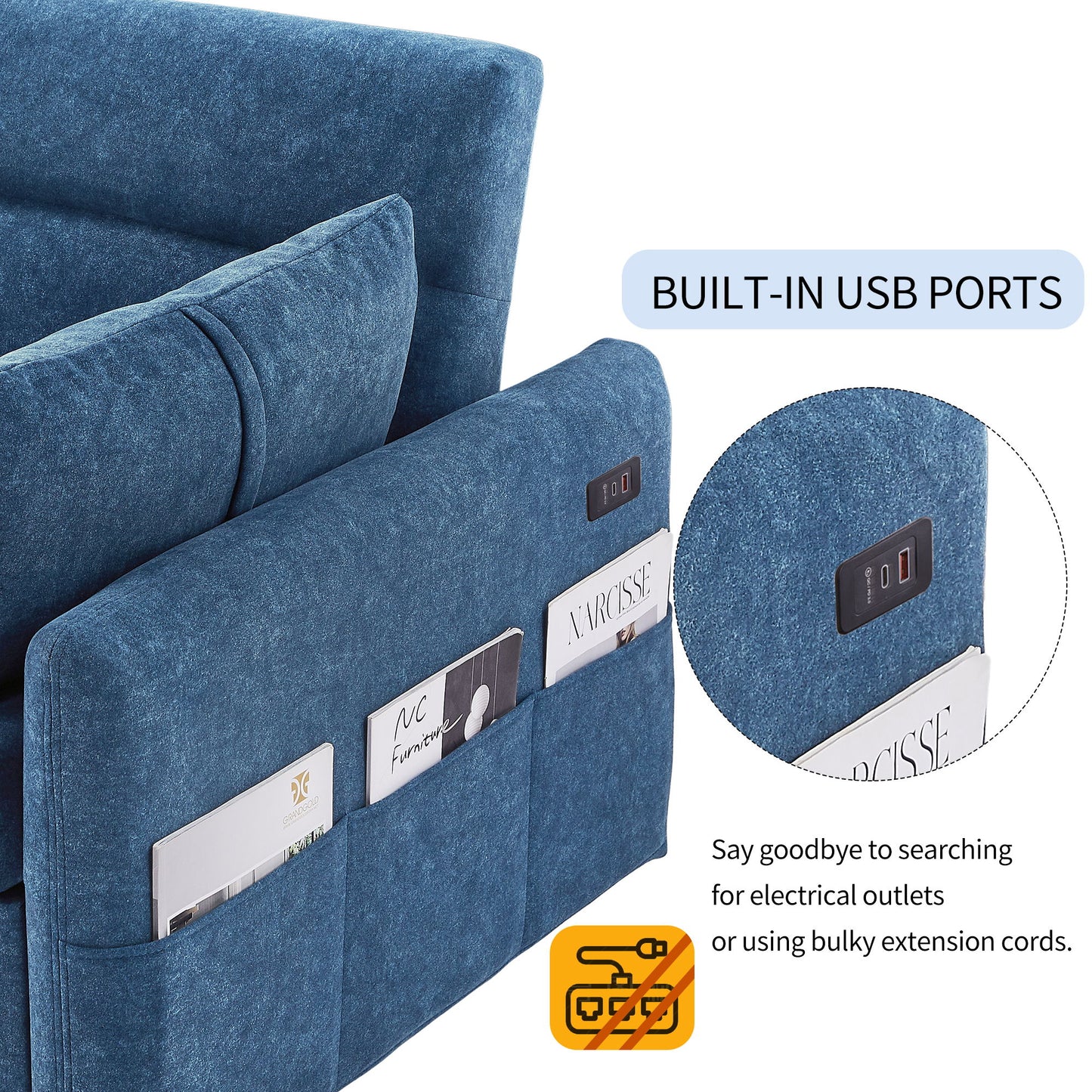 Pull Out Sleep Sofa Bed Loveseats Sofa Couch With Adjsutable Backrest, Storage Pockets, 2 Soft Pillows, USB Ports For Living Room, Bedroom, Apartment, Office