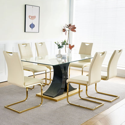 Modern Style Glass Dining Table With Elegant Transparent Design, Solid Support Base, Pale Yellow Dining Chair Set With Gold-Plated Legs, Suitable For Restaurant Kitchens