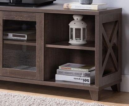 Craftsman Style TV Stand With Crosshatch Carvings Innovative Storage With Four Side Shelves & Glass Door Cabinet - Walnut Brown