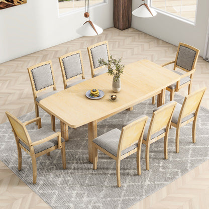 Topmax - Rustic Extendable Dining Table Set With Removable Leaf, 6 Upholstered Armless Dining Chairs And 2 Padded Arm Chairs, 9 Pieces