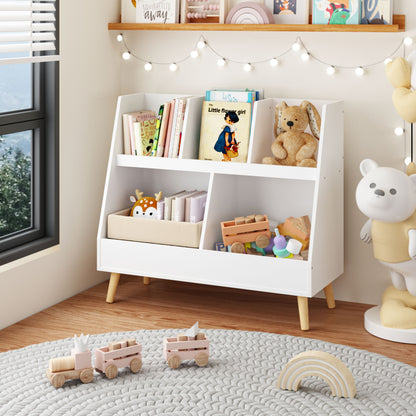 Kids Bookshelf And Toy Organizer, 5 Cubbies Wooden Open Bookcase, 2-Tier Baby Storage Display Organizer With Legs, Free Standing For Playing Room, Bedroom, Nursery, Classroom - White