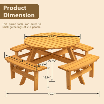 8 Person Wooden Picnic Table, Outdoor Camping Dining Table With Seat, Garden, Diy With 4 Built-In Benches, 2220Lb Capacity