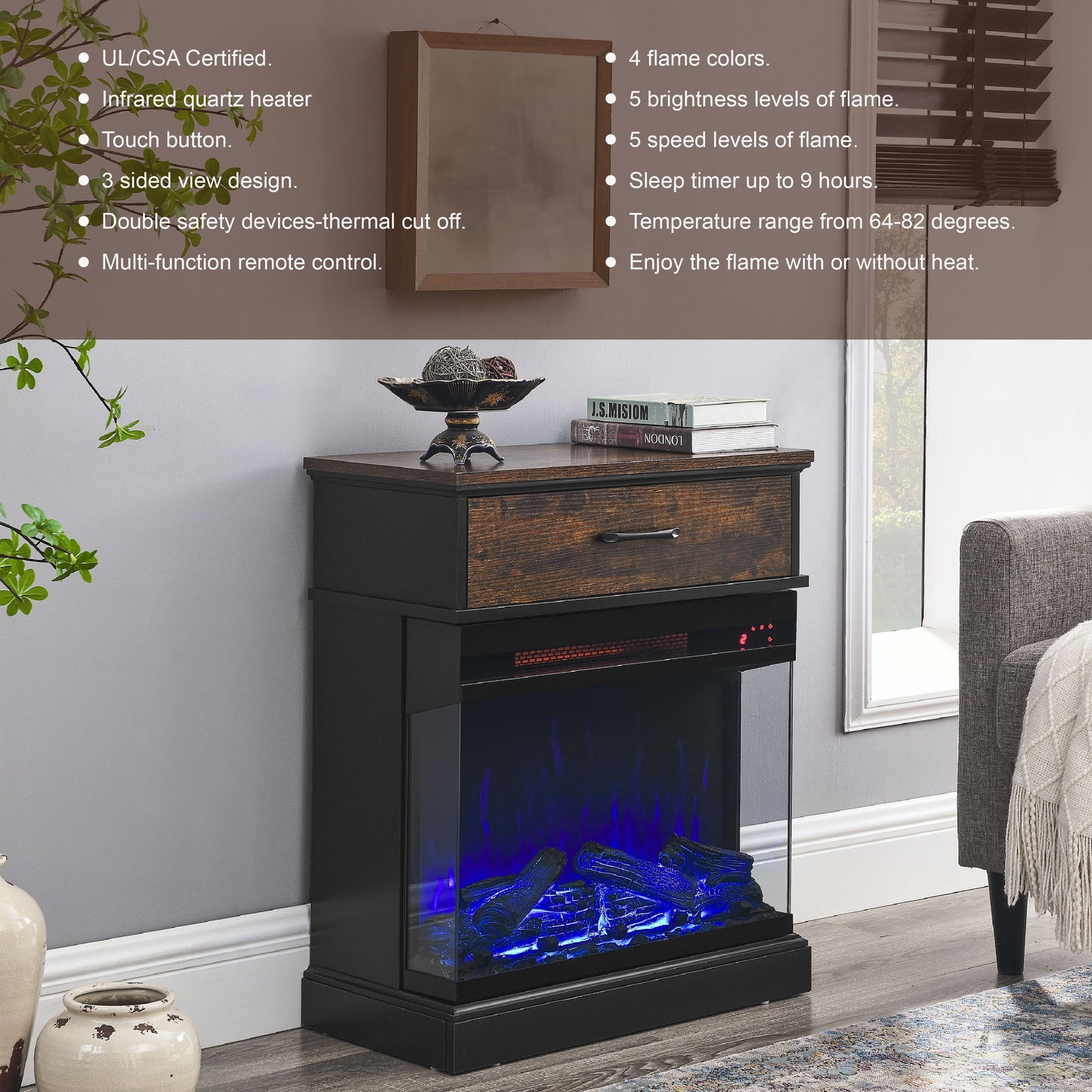 25" Stand Side Table With 3-Sided Glass Electric Fireplace - Antique Black