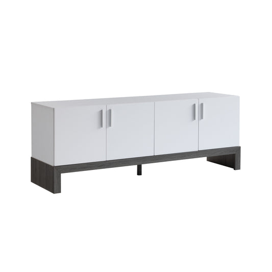 TV Stand With Four Door Cabinets, Metal Hinges, And Sturdy Wooden Leg Platform - White / Distressed Gray