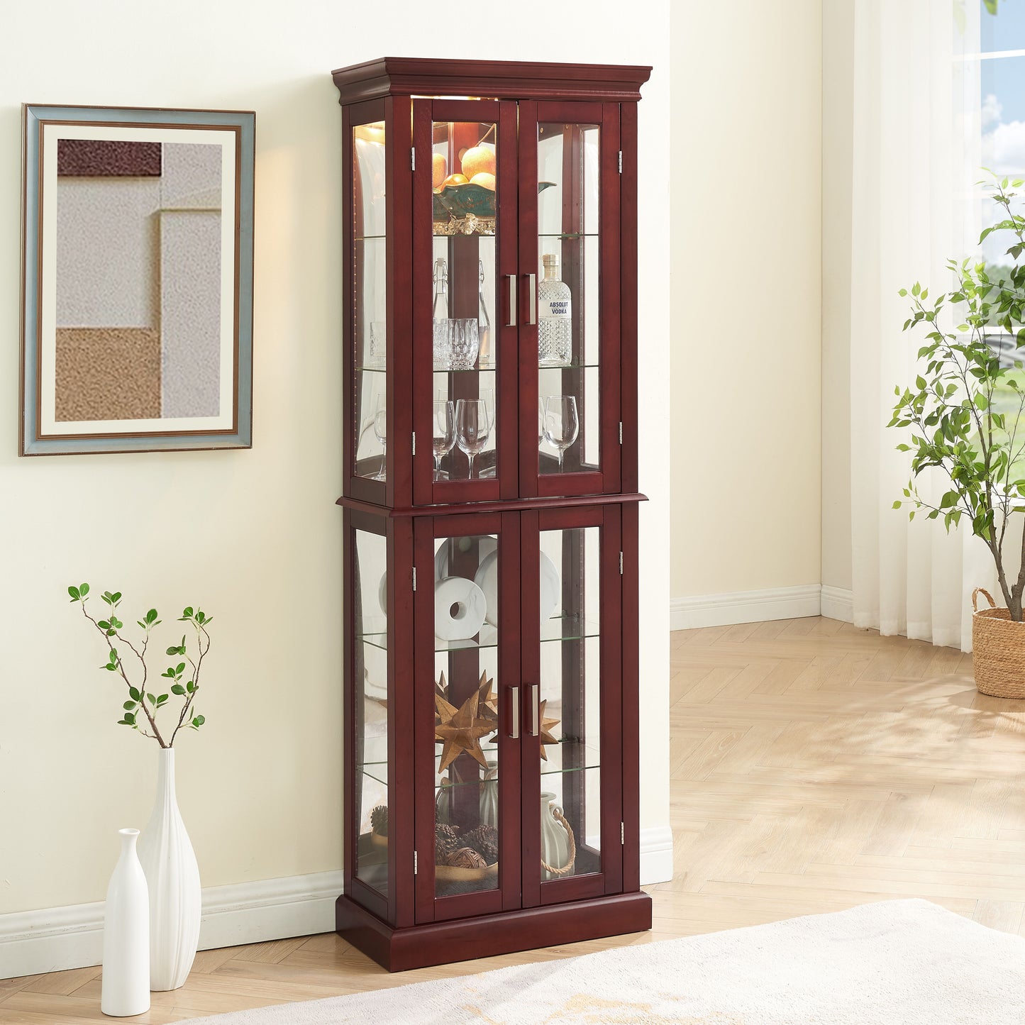 Curio Cabinet Lighted Curio Diapaly Cabinet With Adjustable Shelves And Mirrored Back Panel, Tempered Glass Doors (6 Tier), (E26 Light Bulb Not Included)