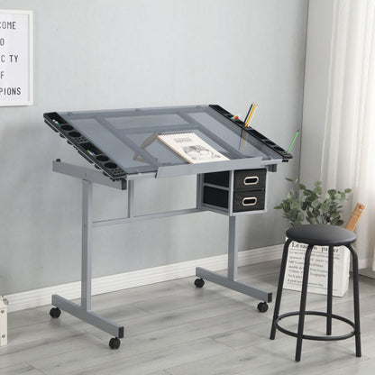 Adjustable Art Drawing Desk Craft Station Drafting With 2 Non-Woven Fabric Slide Drawers And 4 Wheels - Silver