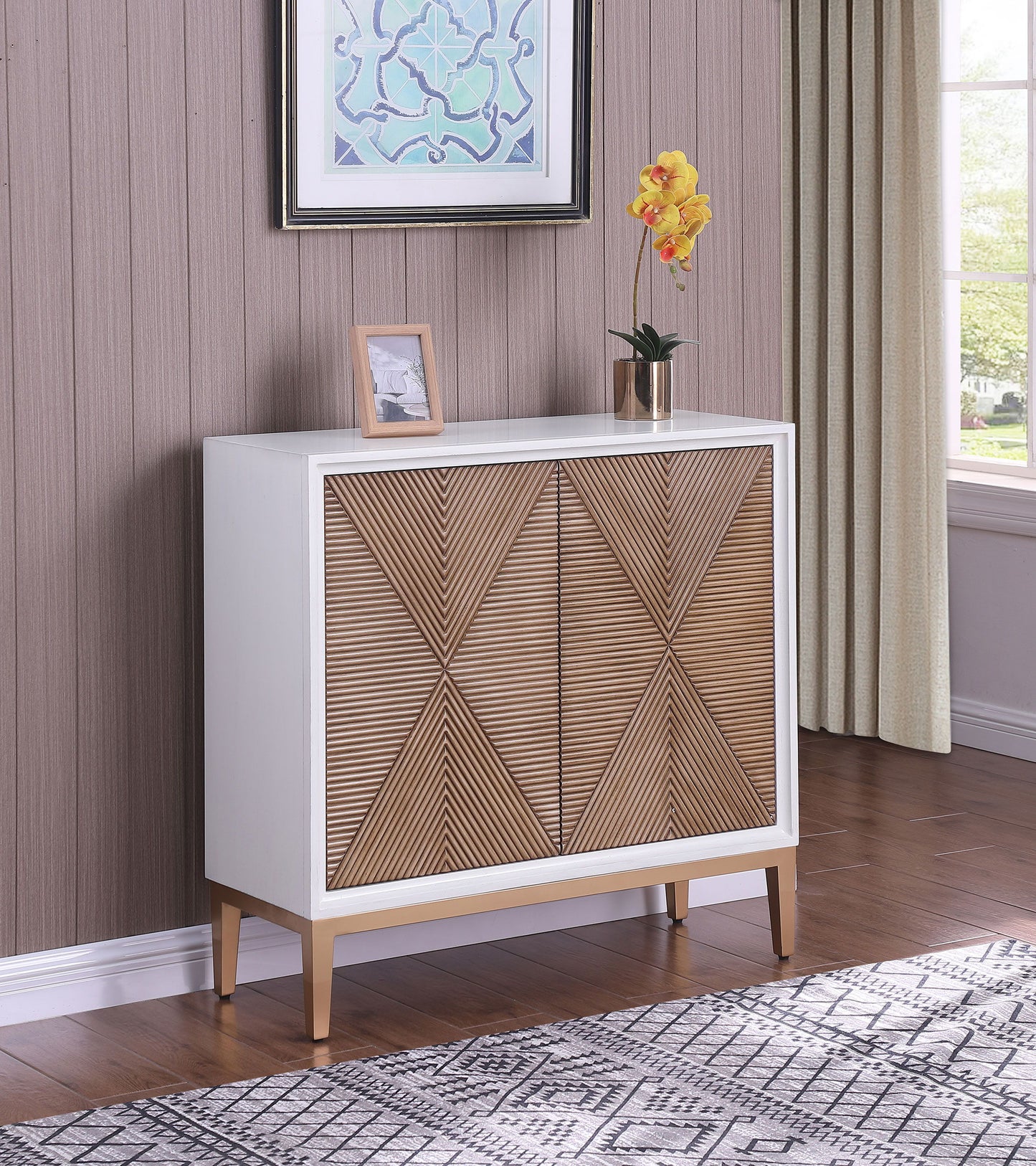 Gretchen - 2 Door Wood Fluted Parquet Cabinet - White And Brown