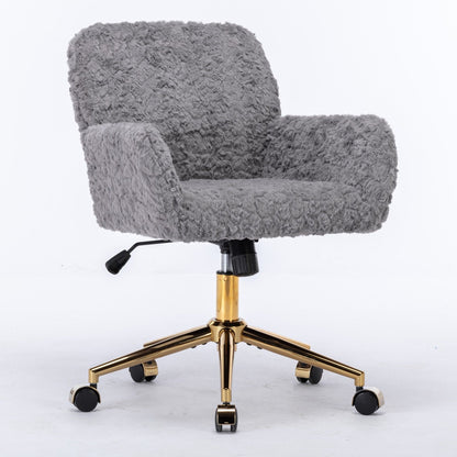 Office Chair, Artificial Rabbit Hair Home Office Chair With Golden Metal Base, Adjustable Desk Chair Swivel Office Chair, Vanity Chair